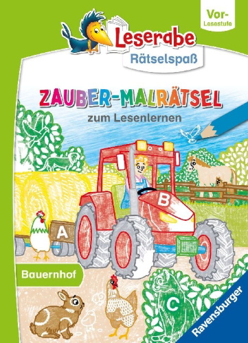 Buchcover und Innenansicht für das Buch: Leserabe Rätselspaß - Zauber-Malrätsel zum Lesenlernen: Bauernhof (Vor-Lesestufe)