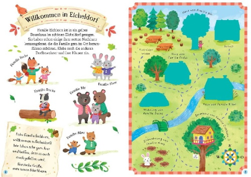 Buchcover und Innenansicht für das Buch: Mein Immer-wieder-Stickerbuch: Familie Eichhorn zieht um