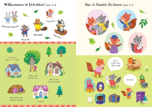 Buchcover und Innenansicht für das Buch: Mein Immer-wieder-Stickerbuch: Familie Eichhorn zieht um