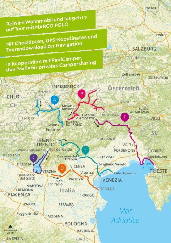 Buchcover und Innenansicht für das Buch: MARCO POLO Camper Guide Südtirol, Gardasee & Venetien
