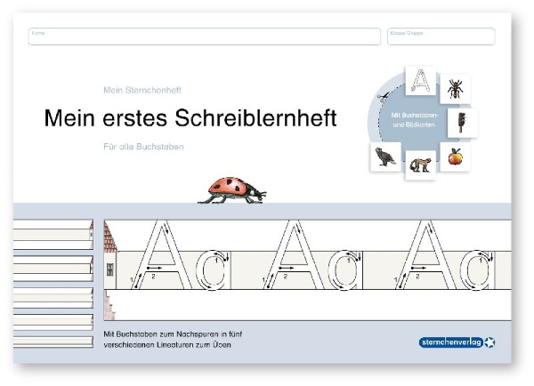 Buchcover und Innenansicht für das Buch: Mein erstes Schreiblernheft. Für alle Buchstaben auf speziellem Schreiblernpapier