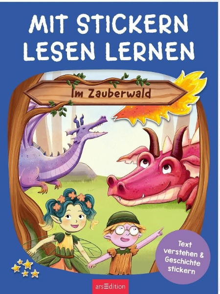 Buchcover und Innenansicht für das Buch: Mit Stickern Lesen lernen - Im Zauberwald