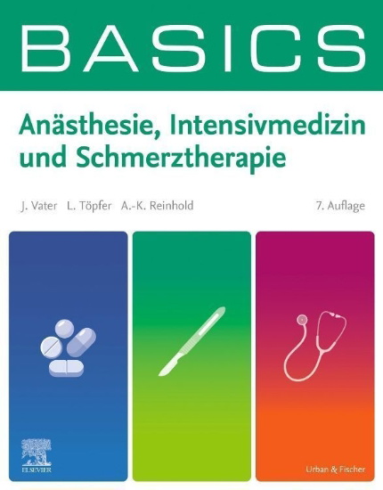 Buchcover und Innenansicht für das Buch: BASICS Anästhesie, Intensivmedizin und Schmerztherapie