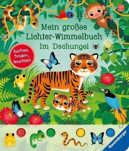 Buchcover und Innenansicht für das Buch: Mein großes Lichter-Wimmelbuch - Im Dschungel