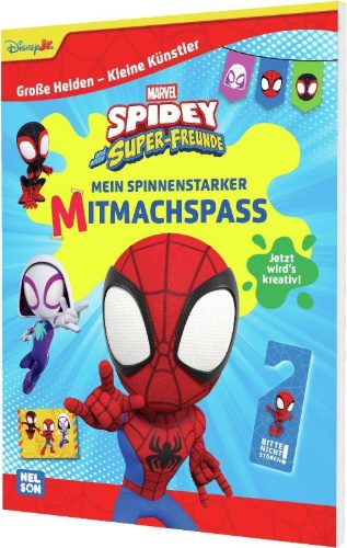 Buchcover und Innenansicht für das Buch: Große Helden - Kleine Künstler: Spidey und seine Super-Freunde: Mein spinnenstarker Mitmachspaß