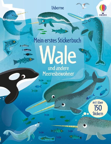 Buchcover und Innenansicht für das Buch: Mein erstes Stickerbuch: Wale und andere Meeresbewohner