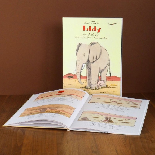 Buchcover und Innenansicht für das Buch: Eddy, der Elefant, der lieber klein bleiben wollte