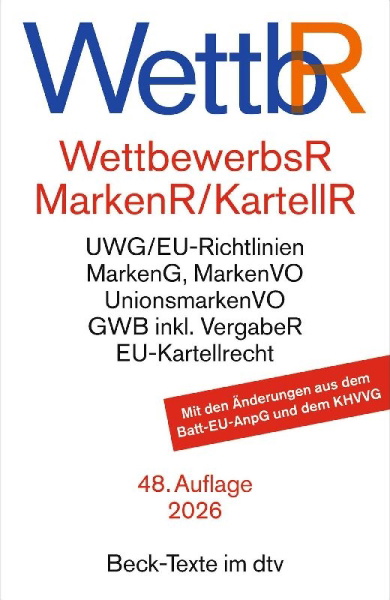 Buchcover und Innenansicht für das Buch: Wettbewerbsrecht, Markenrecht und Kartellrecht. WettbR