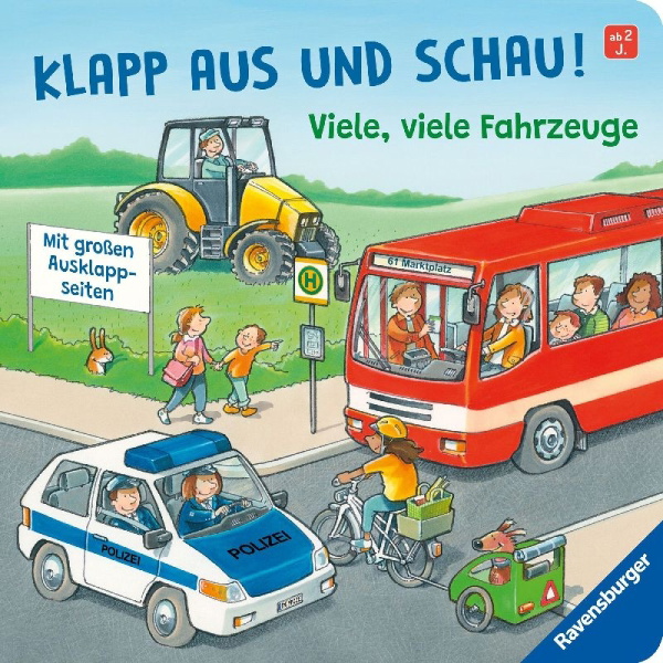 Buchcover und Innenansicht für das Buch: Klapp aus und schau! Viele, viele Fahrzeuge