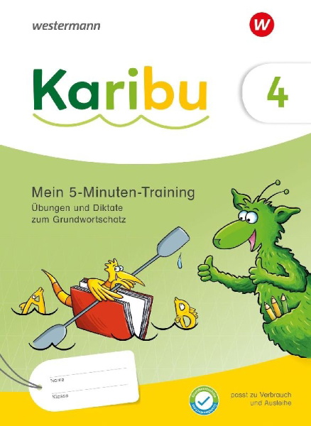 Buchcover und Innenansicht für das Buch: Karibu 4. Mein 5-Minuten-Training: Übungen und Diktate zum Grundwortschatz