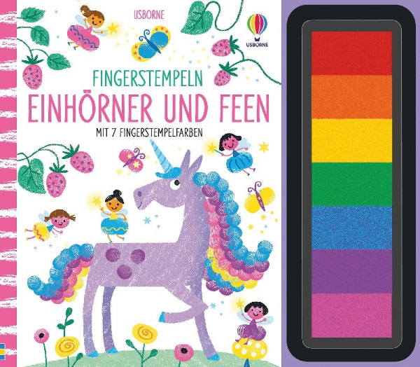 Buchcover und Innenansicht für das Buch: Fingerstempeln: Einhörner und Feen