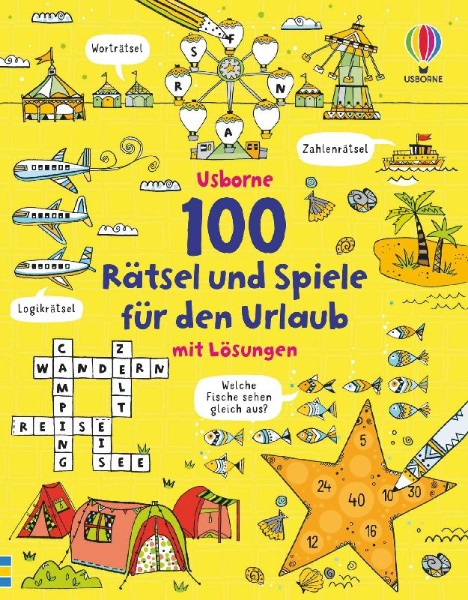 Buchcover und Innenansicht für das Buch: 100 Rätsel und Spiele für den Urlaub