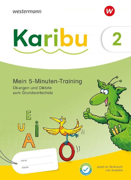 Buchcover und Innenansicht für das Buch: Karibu 2. Mein 5-Minuten-Training: Übungen und Diktate zum Grundwortschatz