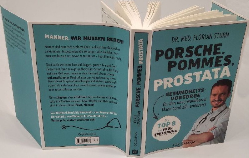 Buchcover und Innenansicht für das Buch: Porsche, Pommes, Prostata - Gesundheitsvorsorge für den unverwundbaren Mann (und alle anderen)