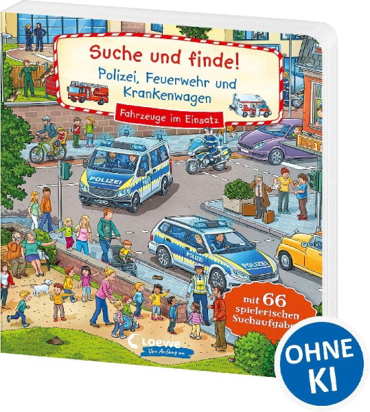 Buchcover und Innenansicht für das Buch: Suche und finde! Polizei, Feuerwehr und Krankenwagen