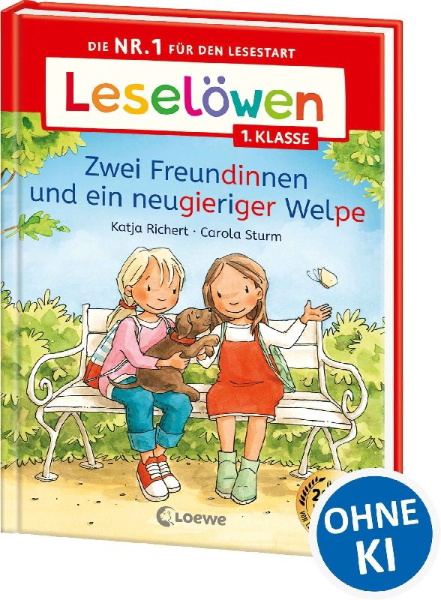 Buchcover und Innenansicht für das Buch: Leselöwen 1. Klasse - Zwei Freundinnen und ein neugieriger Welpe