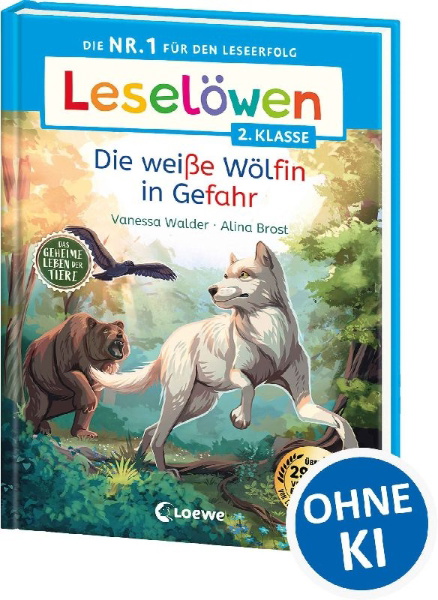 Buchcover und Innenansicht für das Buch: Leselöwen 2. Klasse - Das geheime Leben der Tiere - Die weiße Wölfin in Gefahr