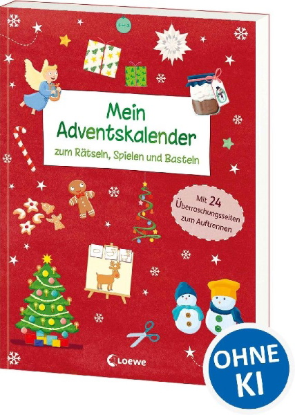 Buchcover und Innenansicht für das Buch: Mein Adventskalender zum Rätseln, Spielen und Basteln