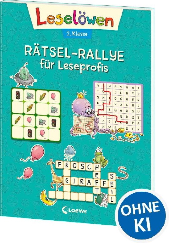 Buchcover und Innenansicht für das Buch: Leselöwen Rätsel-Rallye für Leseprofis - 2. Klasse (Türkis)