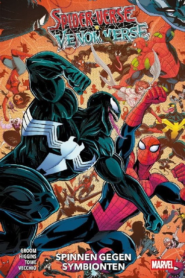 Buchcover und Innenansicht für das Buch: Web of Spider-Verse: New Blood (2025) #1, Web of Venomverse: Fresh Brains (2025) #1, Spider-Verse vs. Venomverse (2025) #1-#5