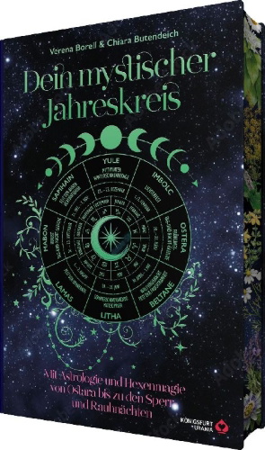 Buchcover und Innenansicht für das Buch: Dein Mystischer Jahreskreis - Mit Astrologie und Hexenmagie von Ostara bis zu den Sperr- und Rauhnächten