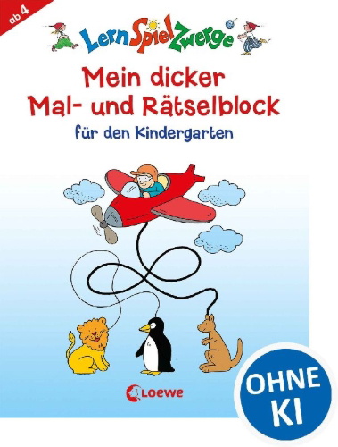 Buchcover und Innenansicht für das Buch: Mein dicker Mal- und Rätselblock für den Kindergarten