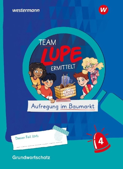 Buchcover und Innenansicht für das Buch: TEAM LUPE ERMITTELT - Übungshefte. Grundwortschatz 4 BASIS