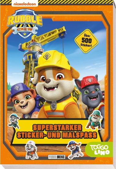 Buchcover und Innenansicht für das Buch: Rubble & Crew: Superstarker Sticker- und Malspaß