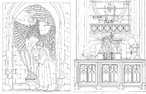 Buchcover und Innenansicht für das Buch: Harry Potter: An Official Hogwarts Coloring Book