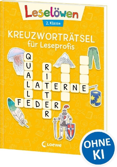 Buchcover und Innenansicht für das Buch: Leselöwen Kreuzworträtsel für Leseprofis - 2. Klasse (Sonnengelb)