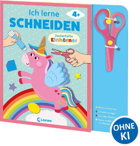 Buchcover und Innenansicht für das Buch: Ich lerne schneiden - Zauberhafte Einhörner