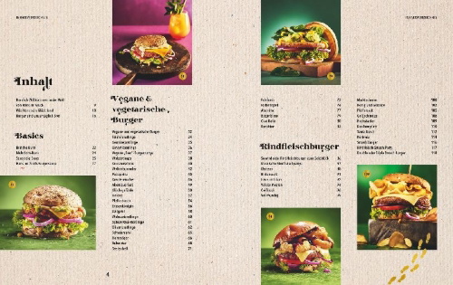 Buchcover und Innenansicht für das Buch: Goldstücke - Die Hans im Glück Burger, Bowls und Drinks
