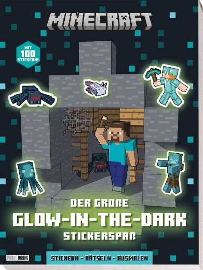 Buchcover und Innenansicht für das Buch: Minecraft: Der große Glow-in-the-Dark Stickerspaß: Stickern - Rätseln - Ausmalen
