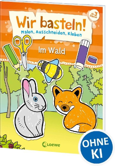 Buchcover und Innenansicht für das Buch: Wir basteln! - Malen, Ausschneiden, Kleben - Im Wald