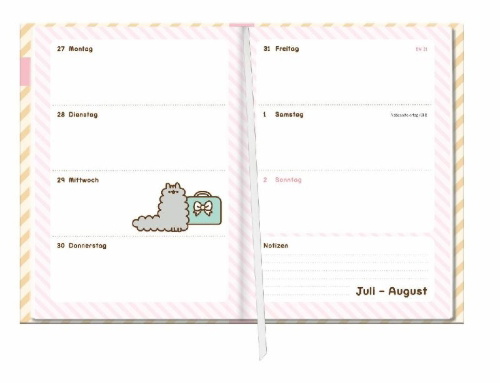 Buchcover und Innenansicht für das Buch: Pusheen 17-Monats-Kalenderbuch A5 2027 - 17 Monate. Von August 2026 bis Dezember 2027