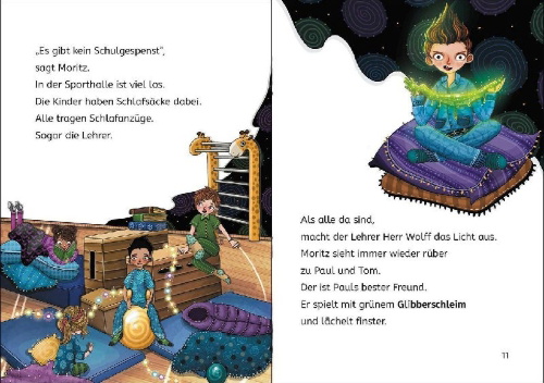 Buchcover und Innenansicht für das Buch: Leselöwen 2. Klasse - Schleim-Alarm im Schulkeller