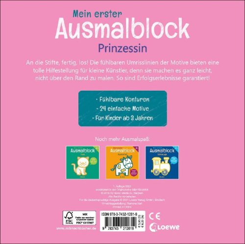 Buchcover und Innenansicht für das Buch: Mein erster Ausmalblock - Prinzessin