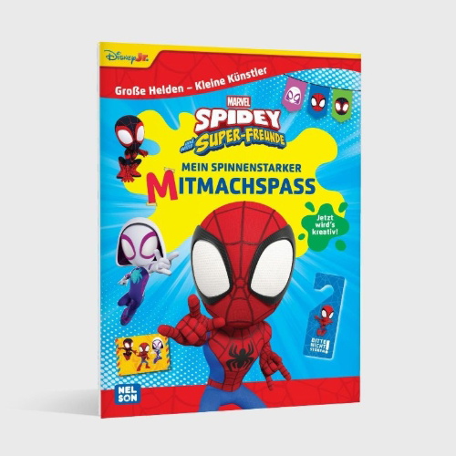 Buchcover und Innenansicht für das Buch: Große Helden - Kleine Künstler: Spidey und seine Super-Freunde: Mein spinnenstarker Mitmachspaß