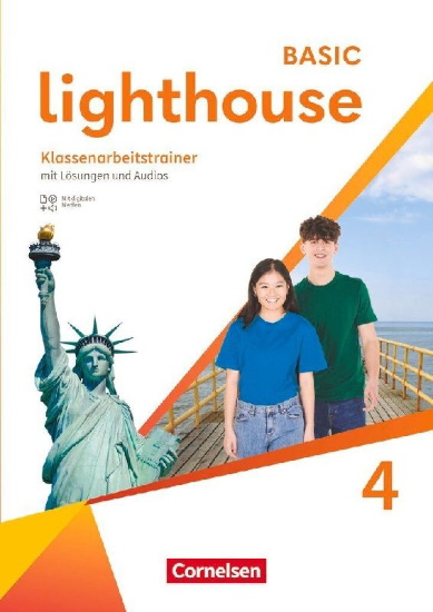 Buchcover und Innenansicht für das Buch: Lighthouse Band 4: 8. Schuljahr - Basic Edition - Klassenarbeitstrainer - Mit Audios, Erklärfilmen und Lösungen