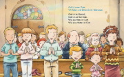 Buchcover und Innenansicht für das Buch: Komm mit in die Kirche (Pappbilderbuch)
