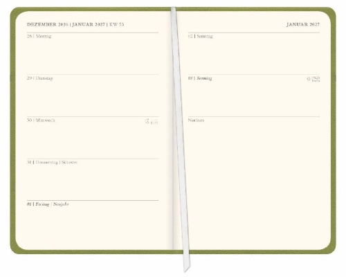 Buchcover und Innenansicht für das Buch: Diario Wochen-Kalenderbuch A6, grün 2027