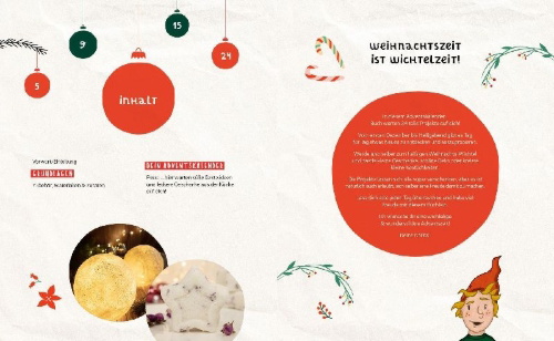 Buchcover und Innenansicht für das Buch: Mein Wichtel-Adventskalender-Buch
