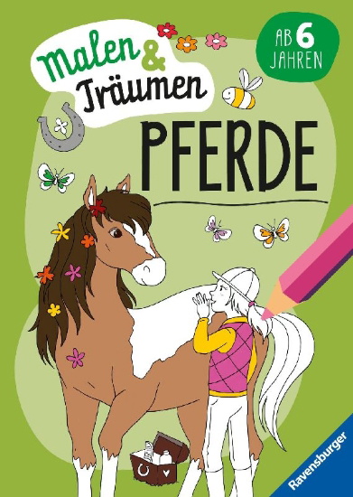 Buchcover und Innenansicht für das Buch: Ravensburger Pferde - malen und träumen - 24 Ausmalbilder für Kinder ab 6 Jahren - Motive für Pferde-Fans zum Entspannen