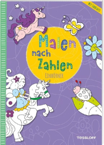 Buchcover und Innenansicht für das Buch: Malen nach Zahlen. Einhörner