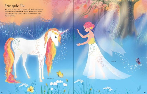 Buchcover und Innenansicht für das Buch: Mein großes Anziehpuppen-Stickerbuch: Regenbogen-Einhörner und Königreich der Feen