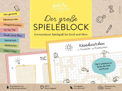 Buchcover und Innenansicht für das Buch: Der große Spieleblock. Umweltfreundlicher Spielspaß für Groß und Klein