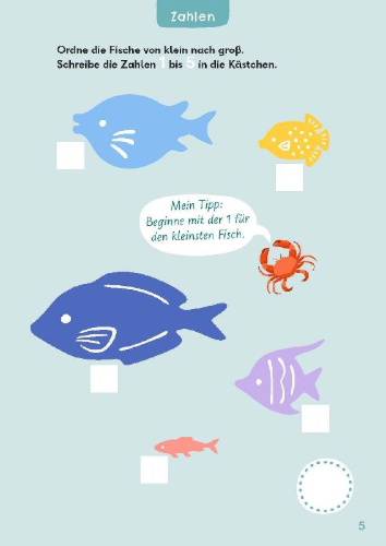 Buchcover und Innenansicht für das Buch: Rechenrätsel für mutige Kinder - Zahlen und Meer - Ab 6 Jahren