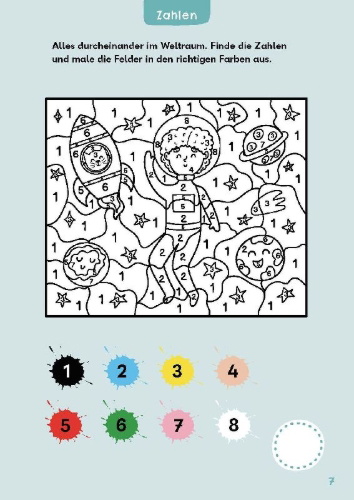 Buchcover und Innenansicht für das Buch: Rechenrätsel für mutige Kinder - Abenteuer Weltraum