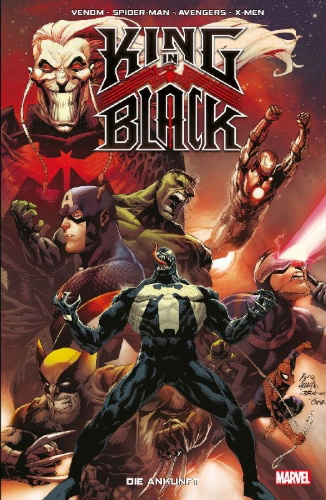 Buchcover und Innenansicht für das Buch: King in Black (2021) #1-#2; King in Black: Immortal Hulk (2021) #1;Return of the Valkyries (2021) #1; King in Black: Gwenom vs. Carnage (2021) #1; King in Black: Iron Man/Dr. Doom (2021) #1; King in Black: Planet of the Symbiotes (2021) #1 (I)