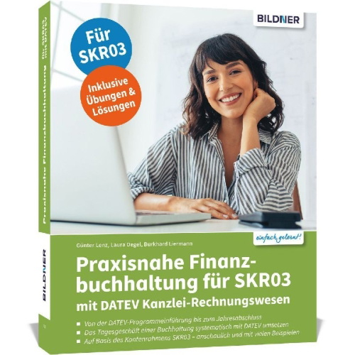 Buchcover und Innenansicht für das Buch: Praxisnahe Finanzbuchhaltung für SKR03 mit DATEV Kanzlei-Rechnungswesen